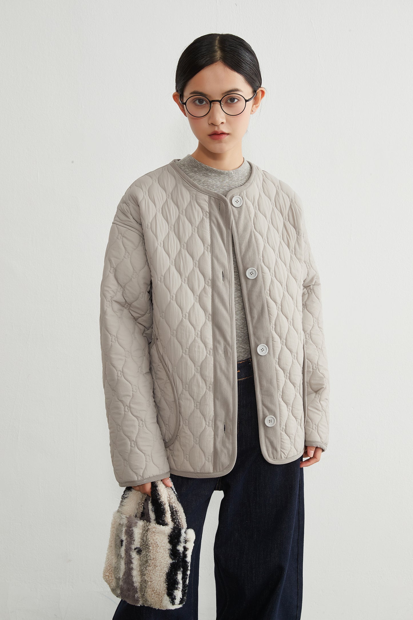 KNR649・ミニキノコ柄両面キルティング・ラウンドネック長袖中綿ジャケット