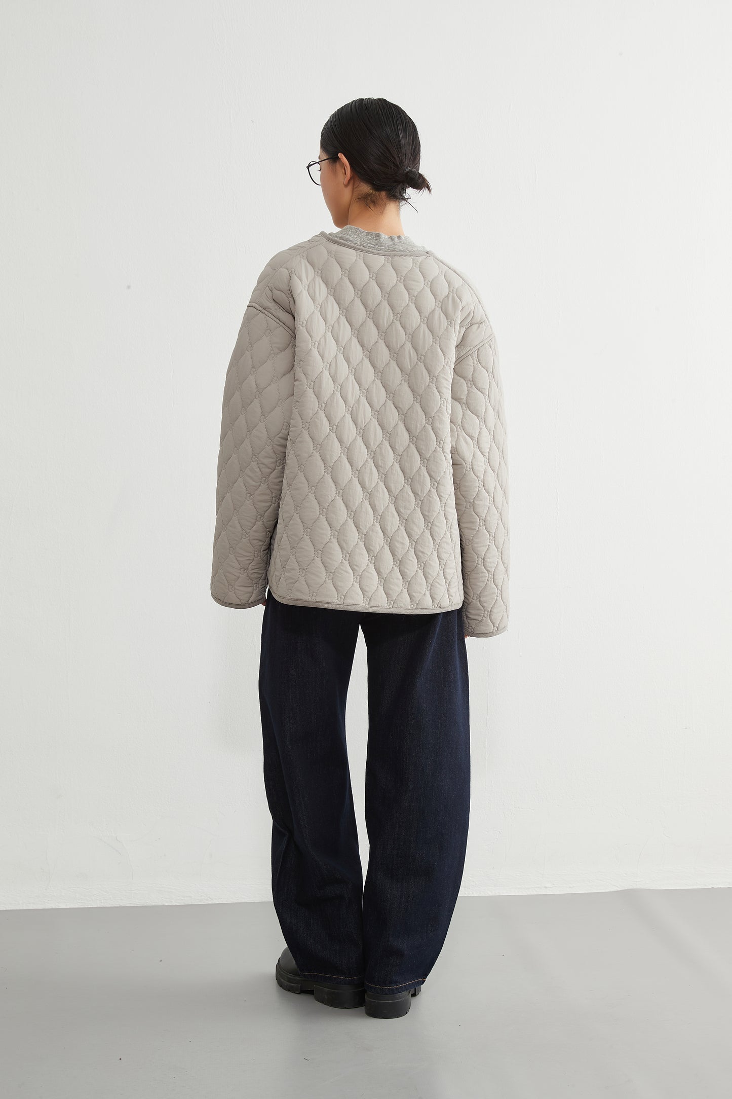 KNR649・ミニキノコ柄両面キルティング・ラウンドネック長袖中綿ジャケット