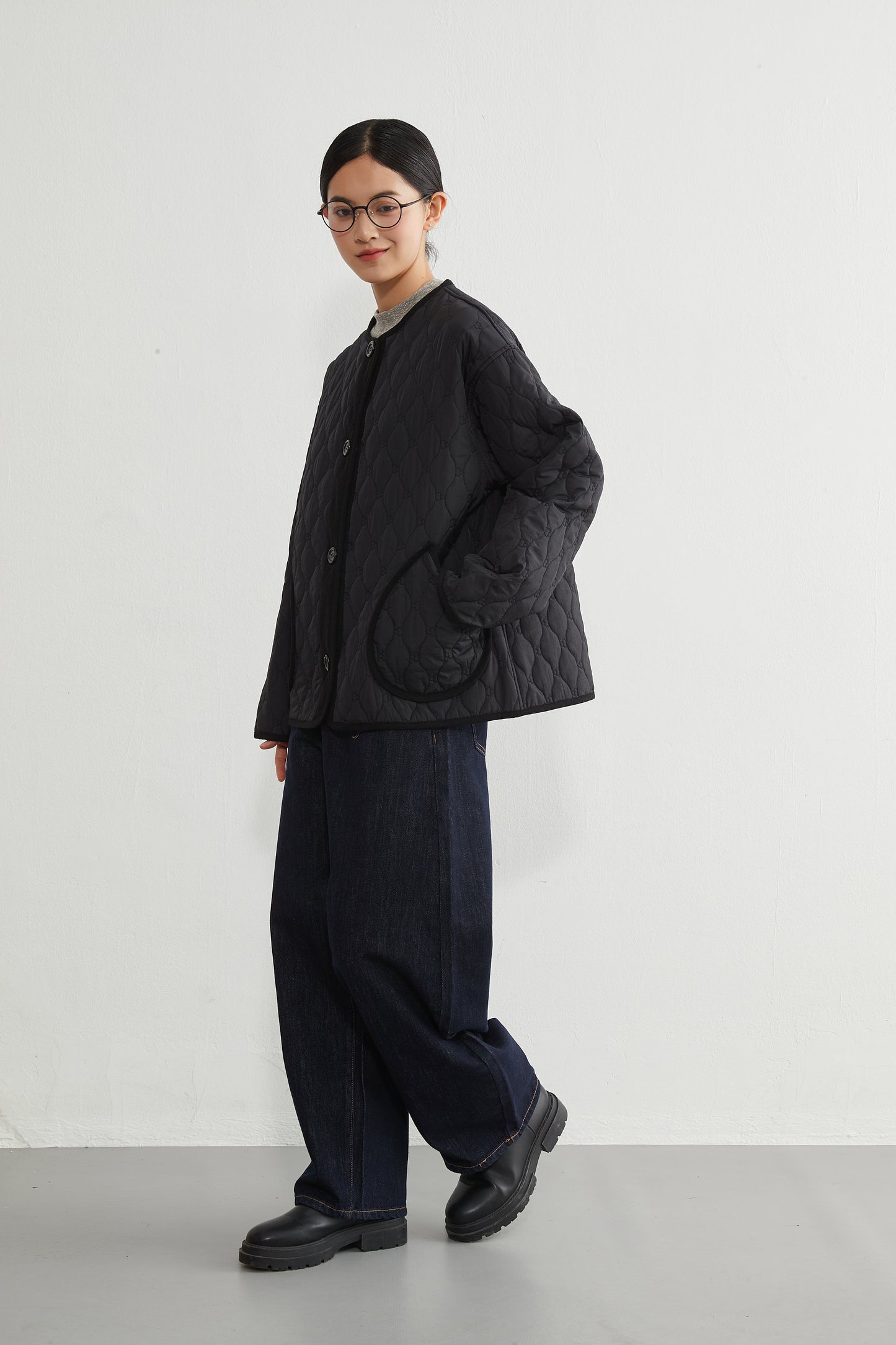 KNR649・ミニキノコ柄両面キルティング・ラウンドネック長袖中綿ジャケット