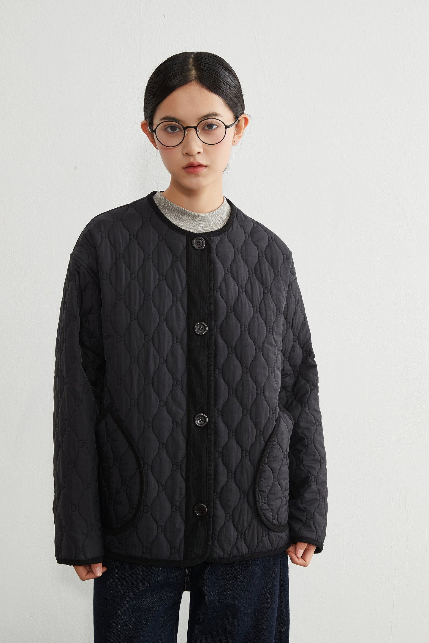 KNR649・ミニキノコ柄両面キルティング・ラウンドネック長袖中綿ジャケット