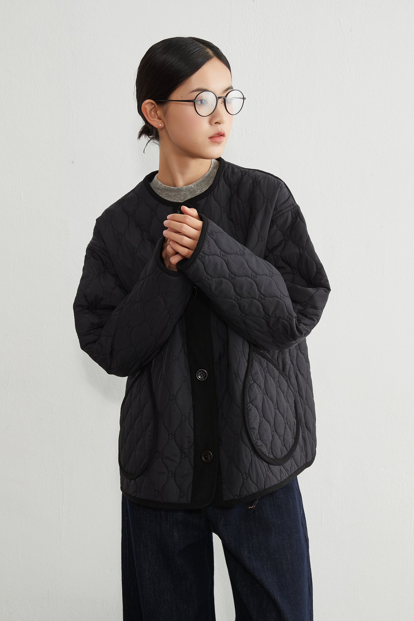 KNR649・ミニキノコ柄両面キルティング・ラウンドネック長袖中綿ジャケット