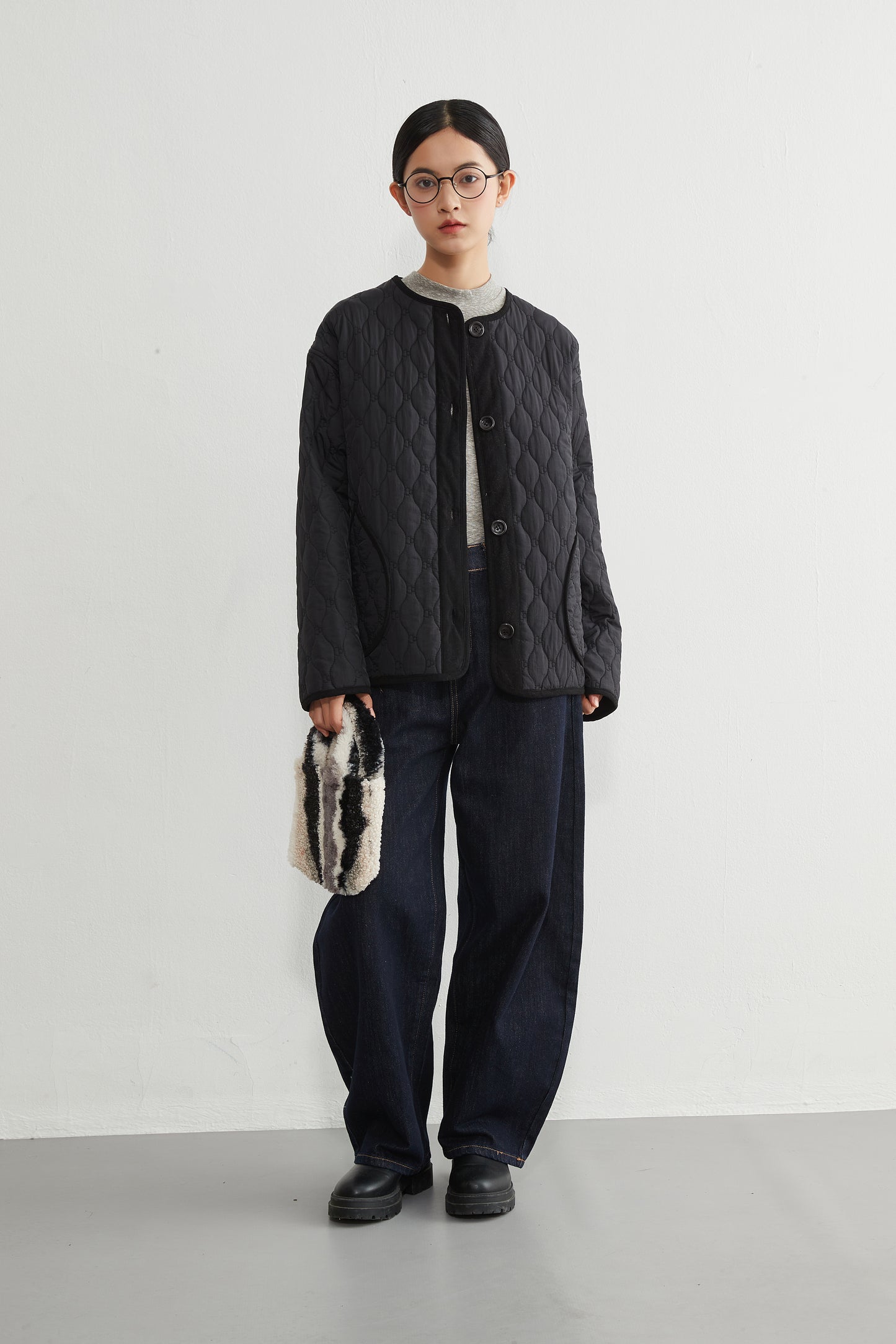 KNR649・ミニキノコ柄両面キルティング・ラウンドネック長袖中綿ジャケット