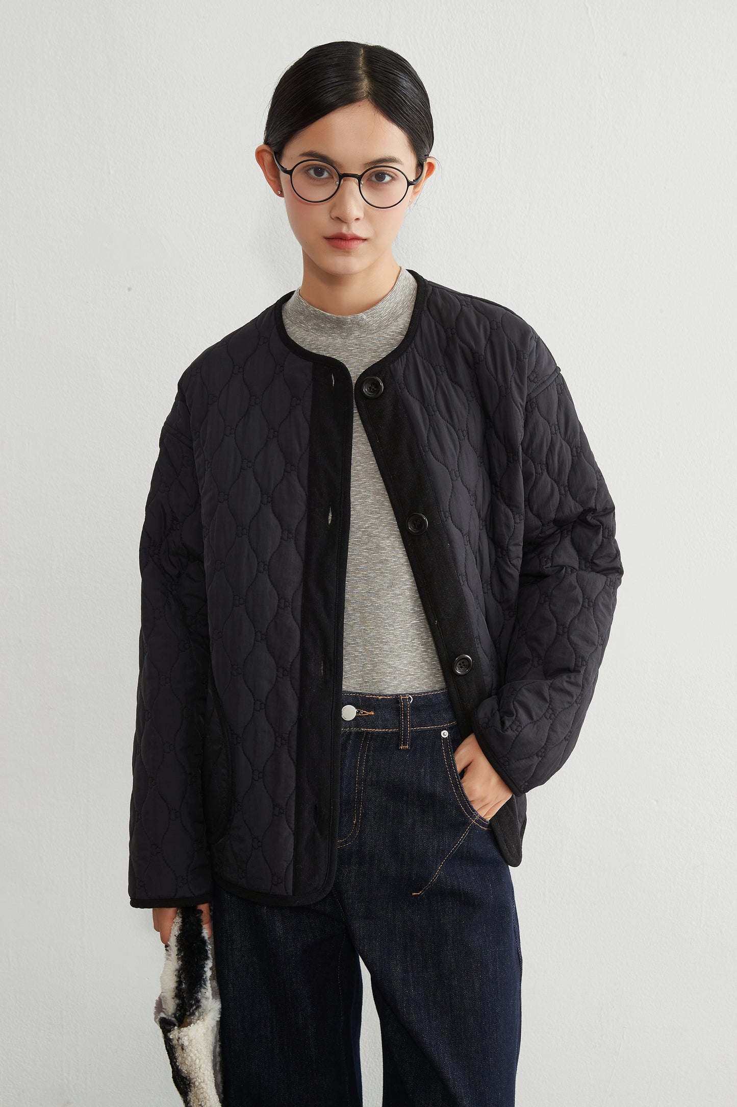 KNR649・ミニキノコ柄両面キルティング・ラウンドネック長袖中綿ジャケット