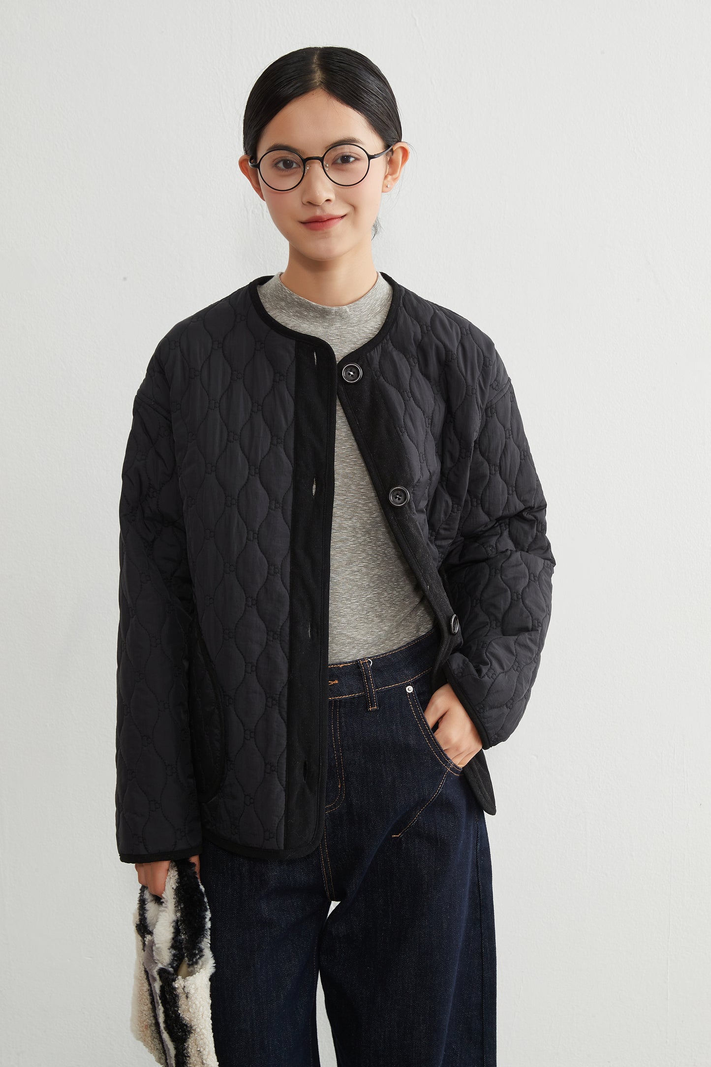 KNR649・ミニキノコ柄両面キルティング・ラウンドネック長袖中綿ジャケット