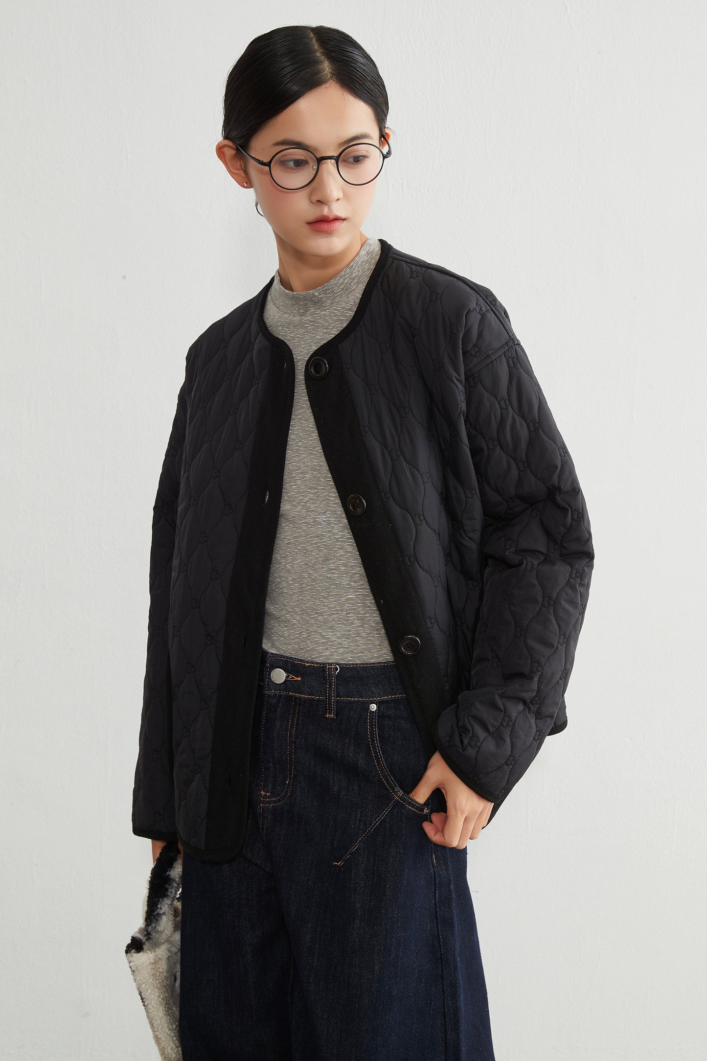 KNR649・ミニキノコ柄両面キルティング・ラウンドネック長袖中綿ジャケット