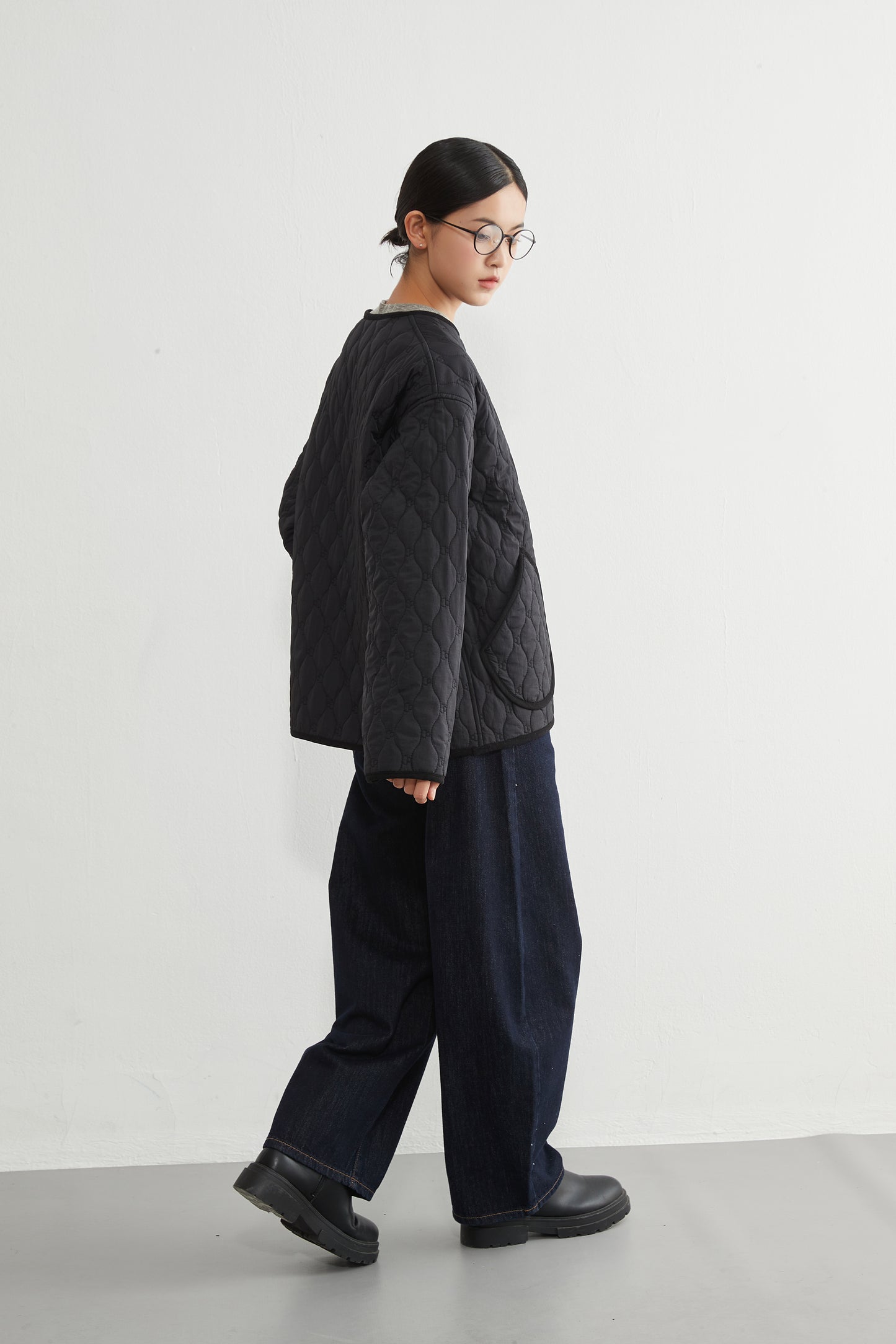 KNR649・ミニキノコ柄両面キルティング・ラウンドネック長袖中綿ジャケット