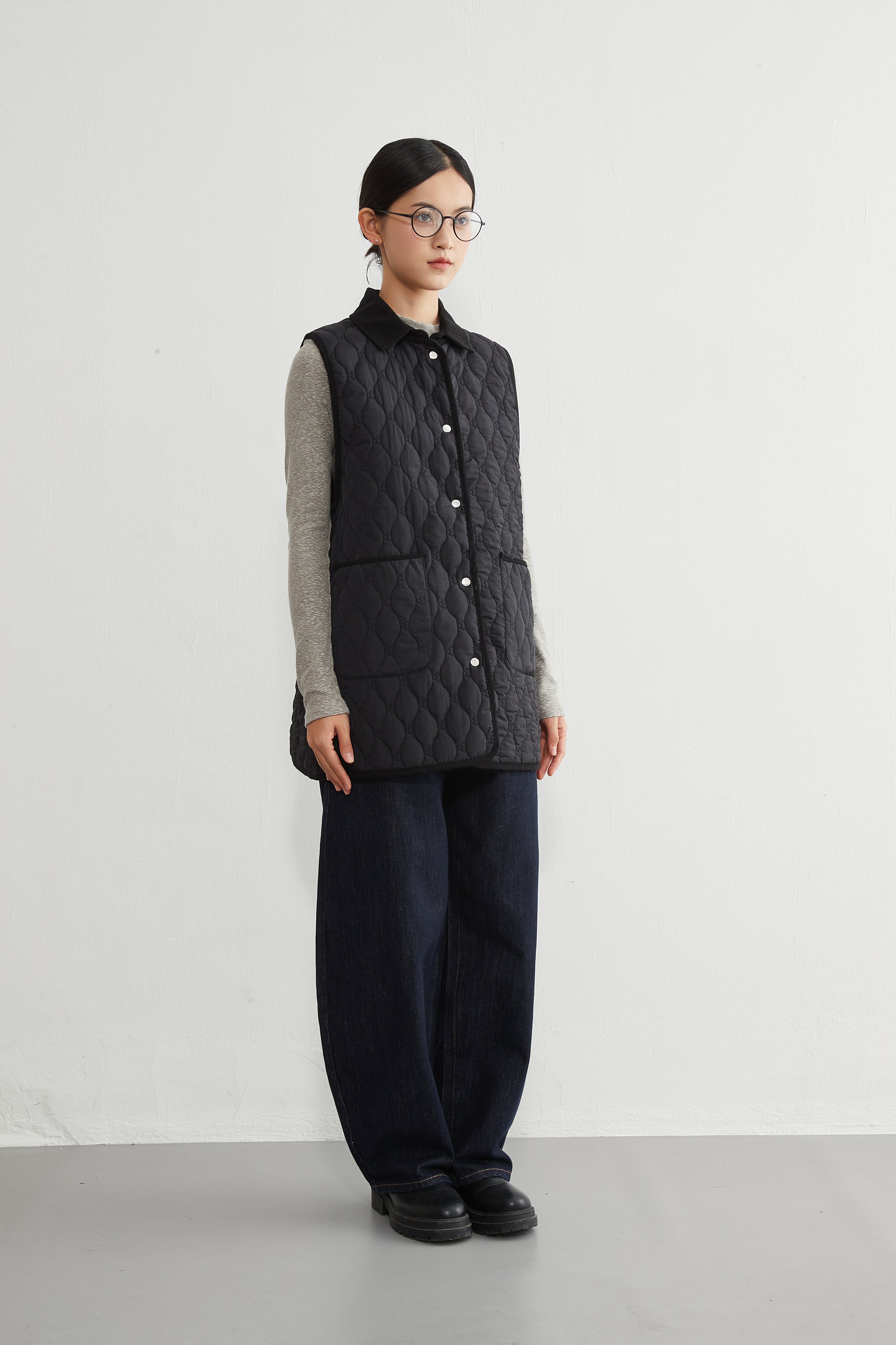 【希少】 チノ キルティングベスト ロング丈 異素材 4ポケット 38 グレー 防寒 ロング丈 中綿 防風 レディース キルティング Vネック ベスト