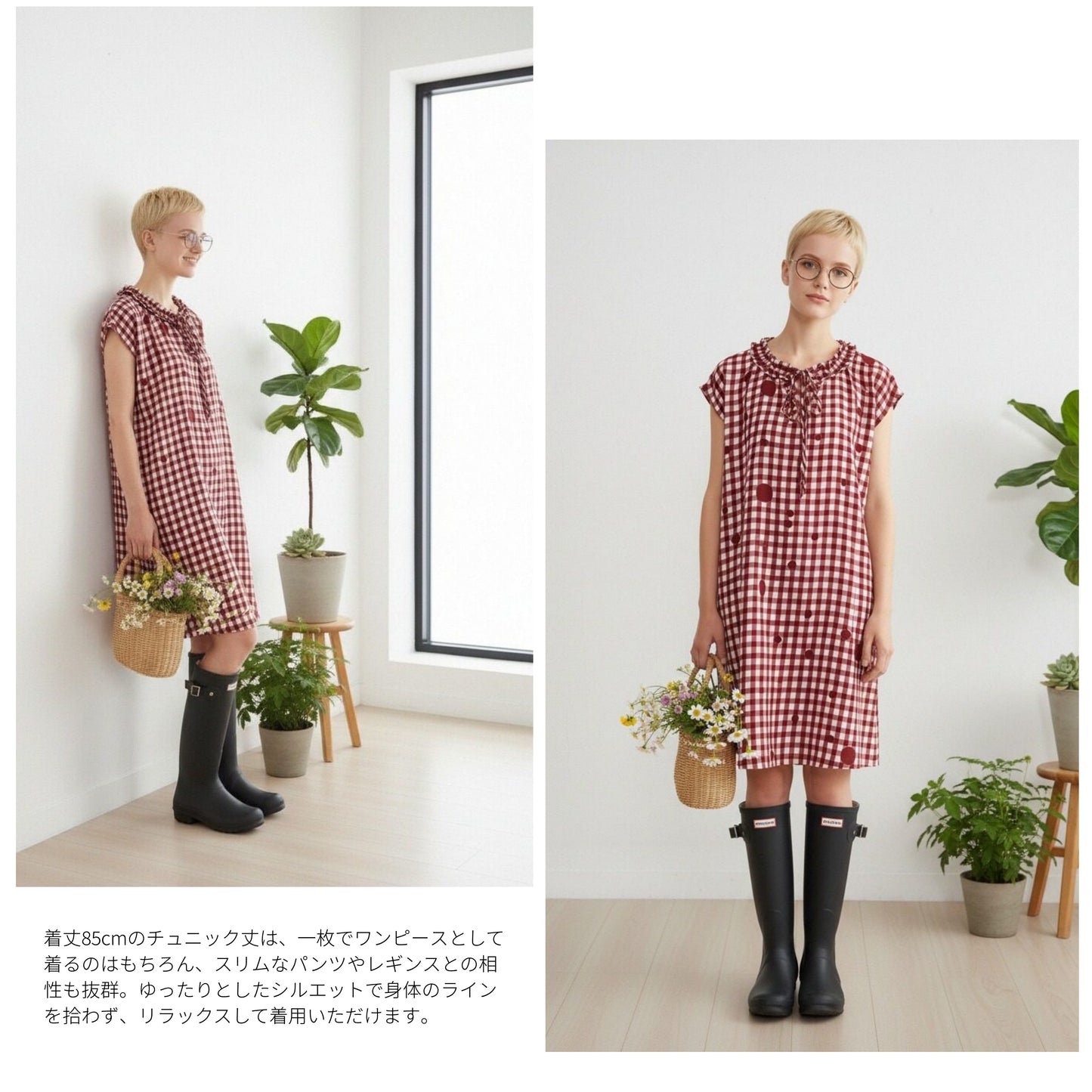 KNGT637・チェック水玉プリントフリル衿のとろみデシンチュニック丈ノースリーブワンピース