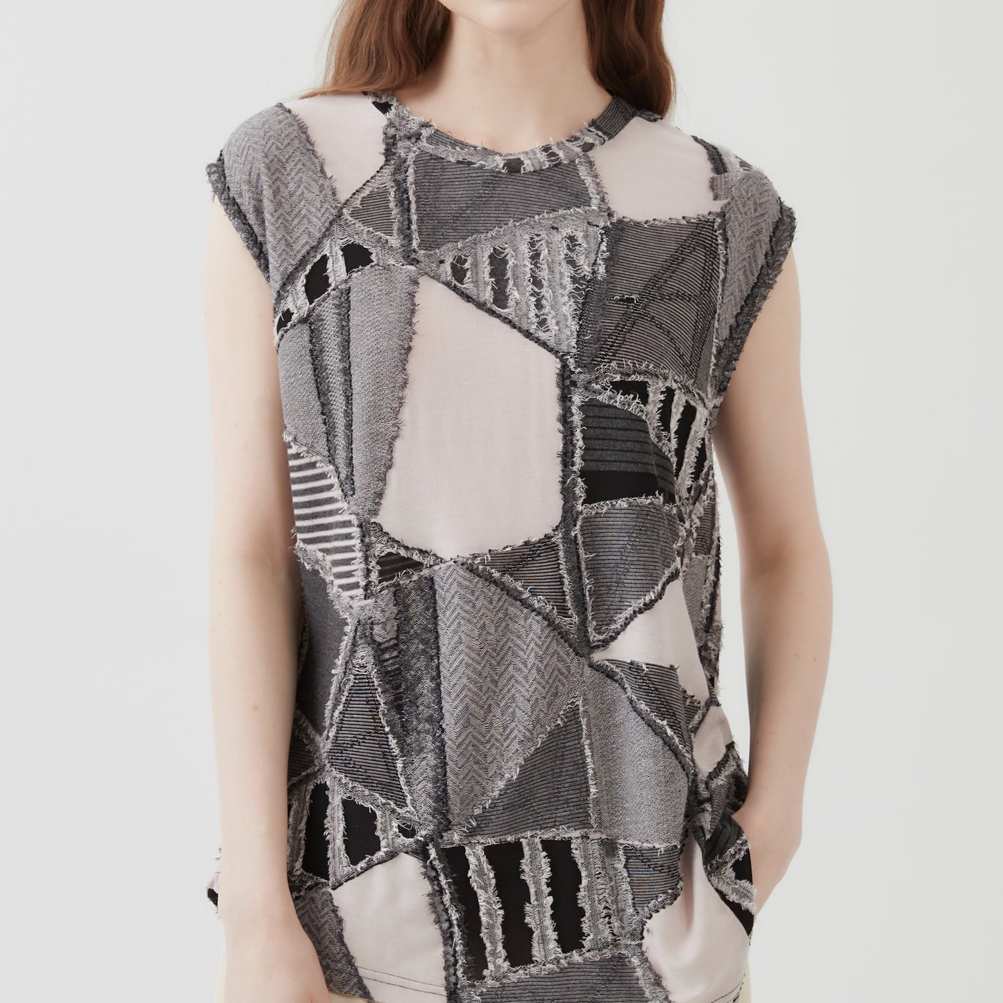 Geometric jacquard, stylish mix pattern, T-shirt, cap sleeve, top tunic KNXT425 