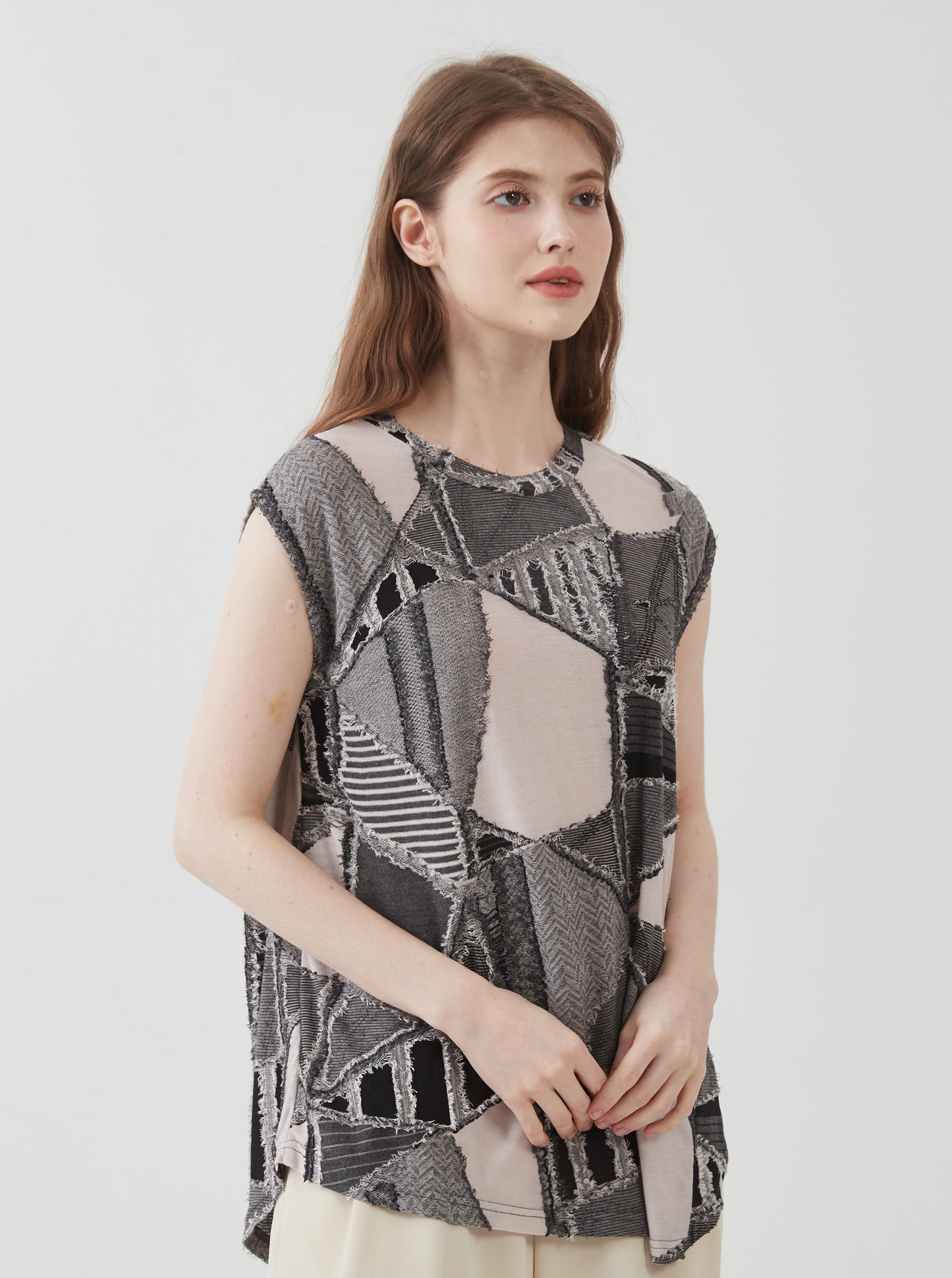 Geometric jacquard, stylish mix pattern, T-shirt, cap sleeve, top tunic KNXT425 