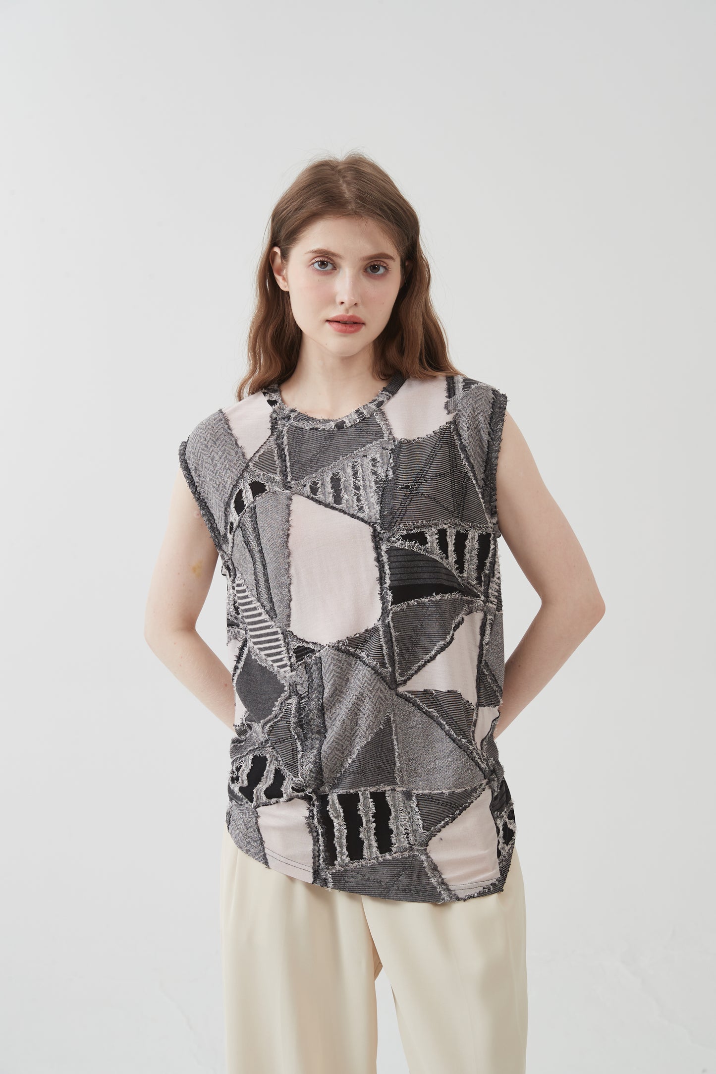 Geometric jacquard, stylish mix pattern, T-shirt, cap sleeve, top tunic KNXT425 