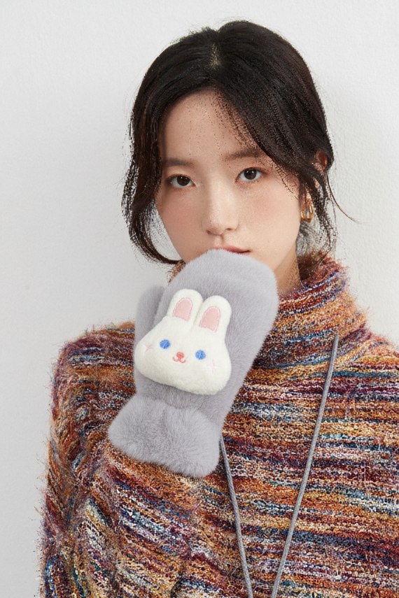 手袋 レディース ミトン うさぎ付き フェイクファー モコモコ 裏起毛 防寒 かわいい 暖かい おしゃれ 冬小物 プレゼントKYS-010