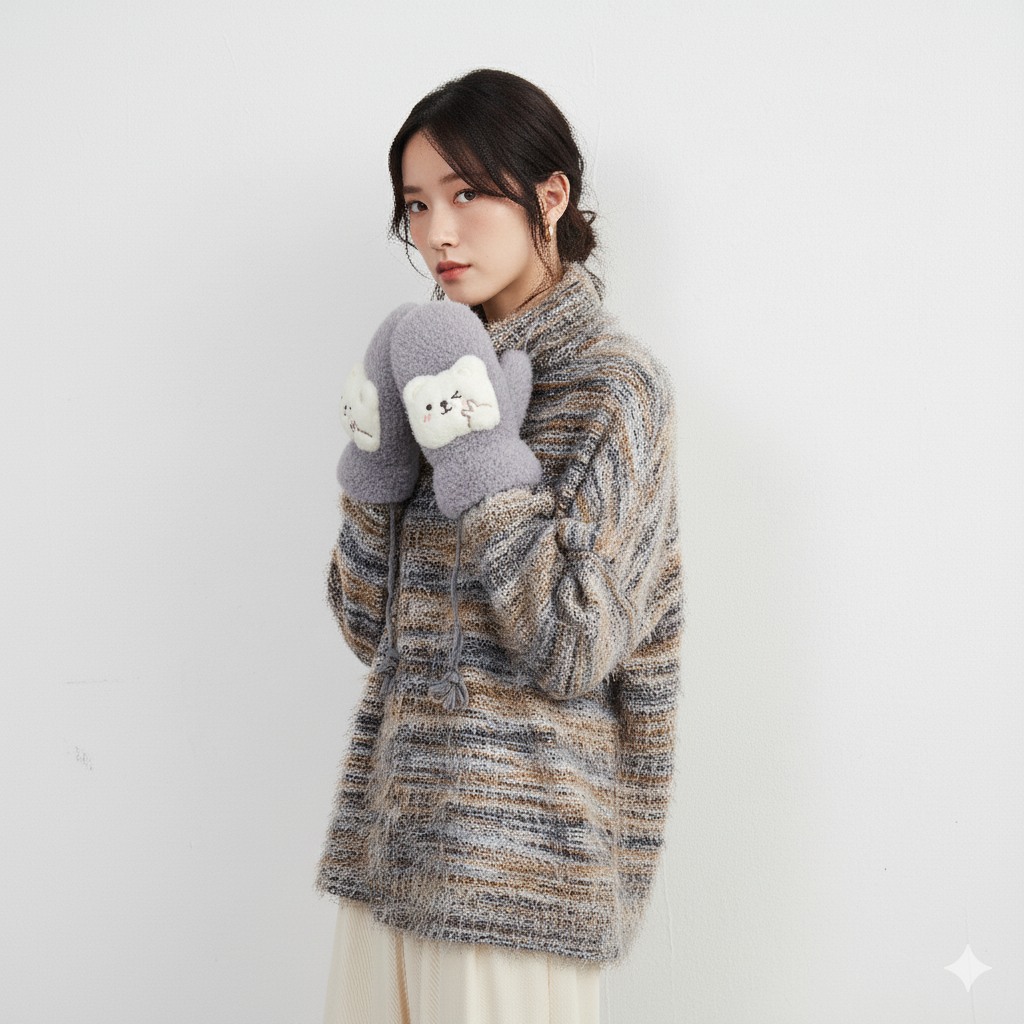 手袋 レディース ミトン くま付き フェイクファー モコモコ 裏起毛 防寒 かわいい 暖かい おしゃれ 冬小物 プレゼントKYS-011