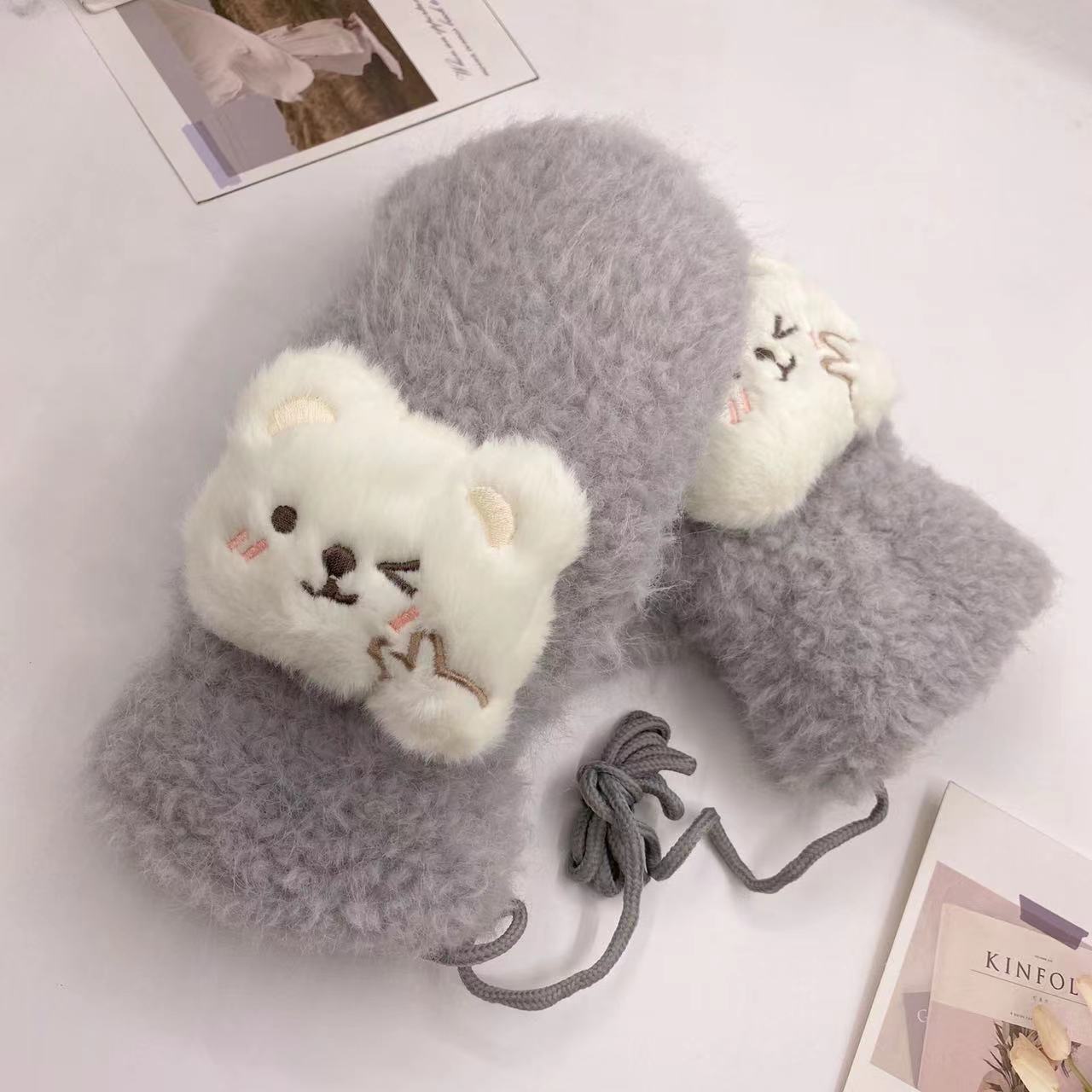 手袋 レディース ミトン くま付き フェイクファー モコモコ 裏起毛 防寒 かわいい 暖かい おしゃれ 冬小物 プレゼントKYS-011