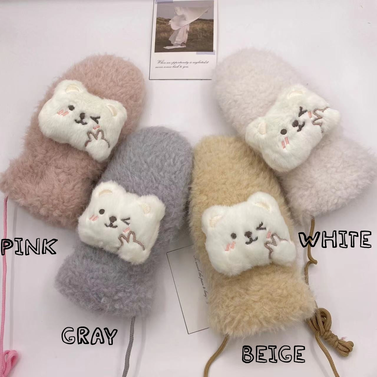 手袋 レディース ミトン くま付き フェイクファー モコモコ 裏起毛 防寒 かわいい 暖かい おしゃれ 冬小物 プレゼントKYS-011