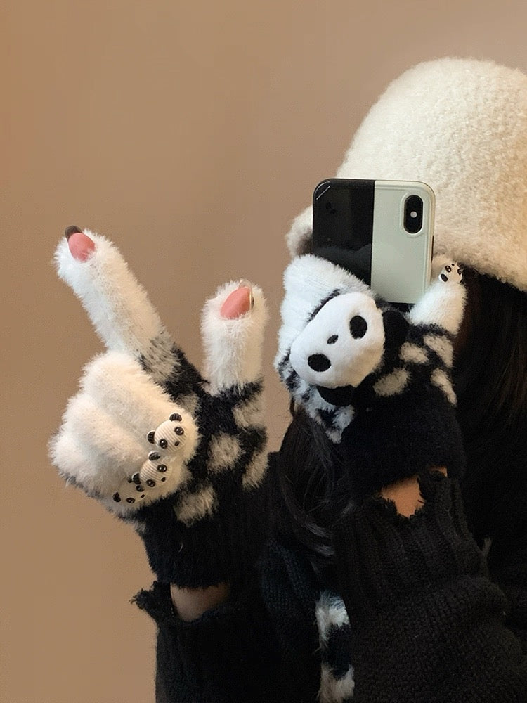 スマホ対応 手袋 レディース 冬 防寒 暖かい かわいい パンダ 起毛 ニットグローブ タッチパネル対応KYS-013