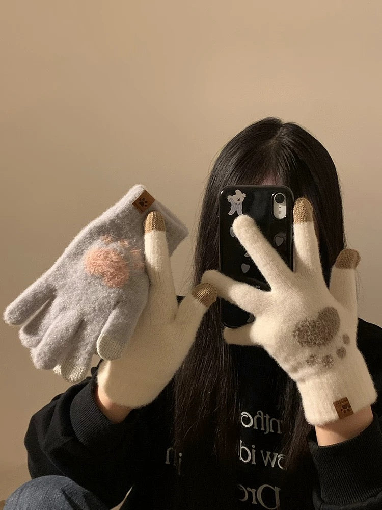 手袋 レディース メンズ スマホ対応 肉球デザイン ニット手袋 5本指 スマホタッチ対応 かわいい 防寒 冬小物KYS-009
