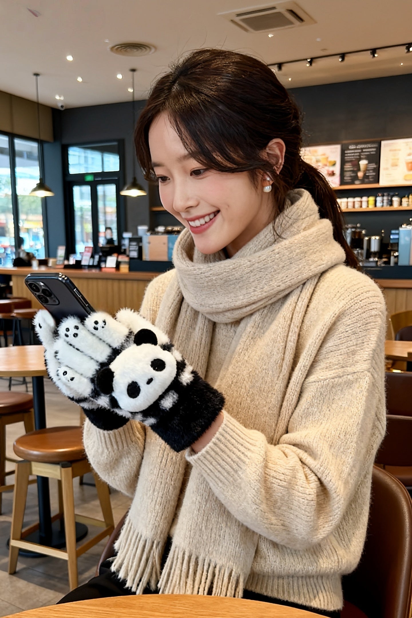 スマホ対応 手袋 レディース 冬 防寒 暖かい かわいい パンダ 起毛 ニットグローブ タッチパネル対応KYS-013