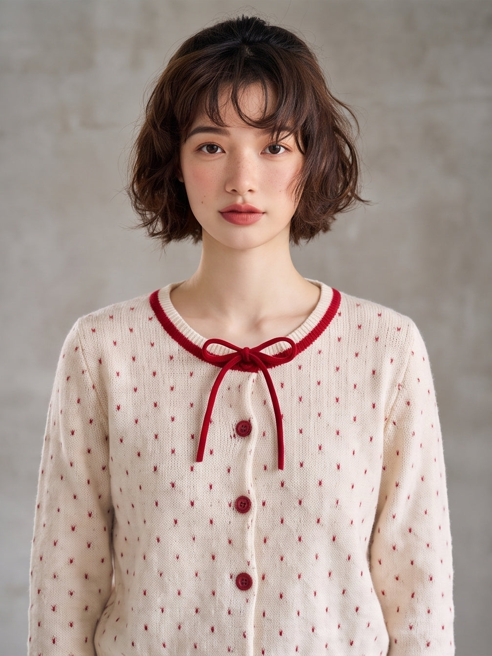 KY1014・レトロドット柄ジャガードニット 配色リボンカーディガン