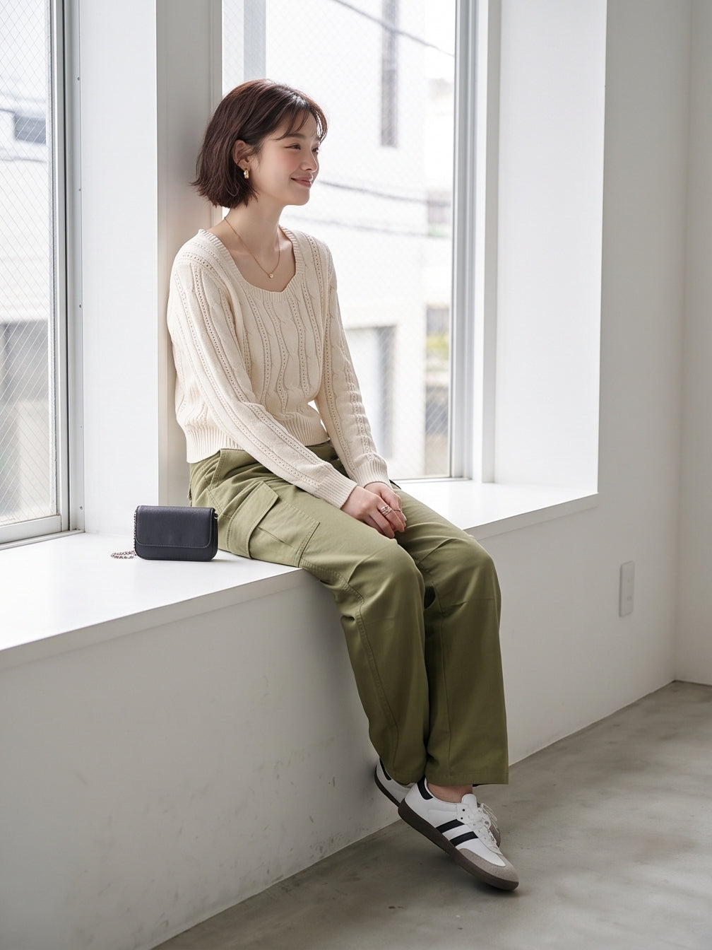 KY1005・ショート丈ケーブル長袖ニット