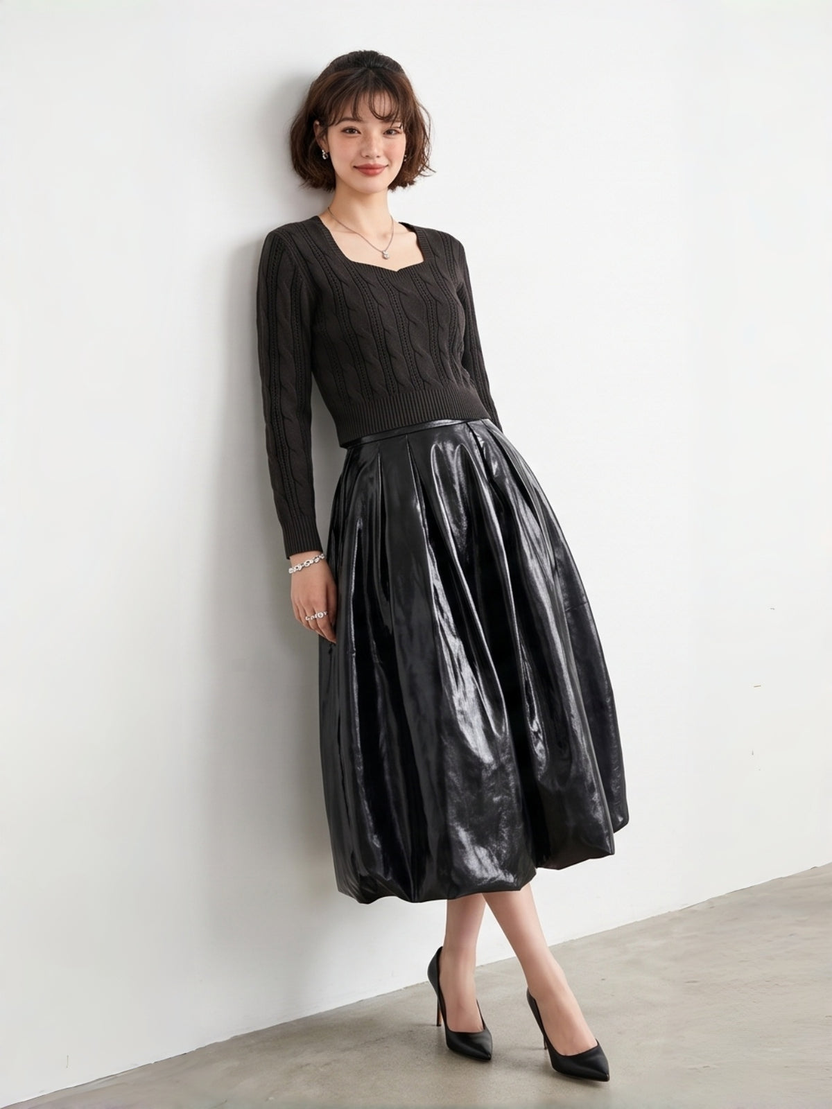 KY1005・ショート丈ケーブル長袖ニット