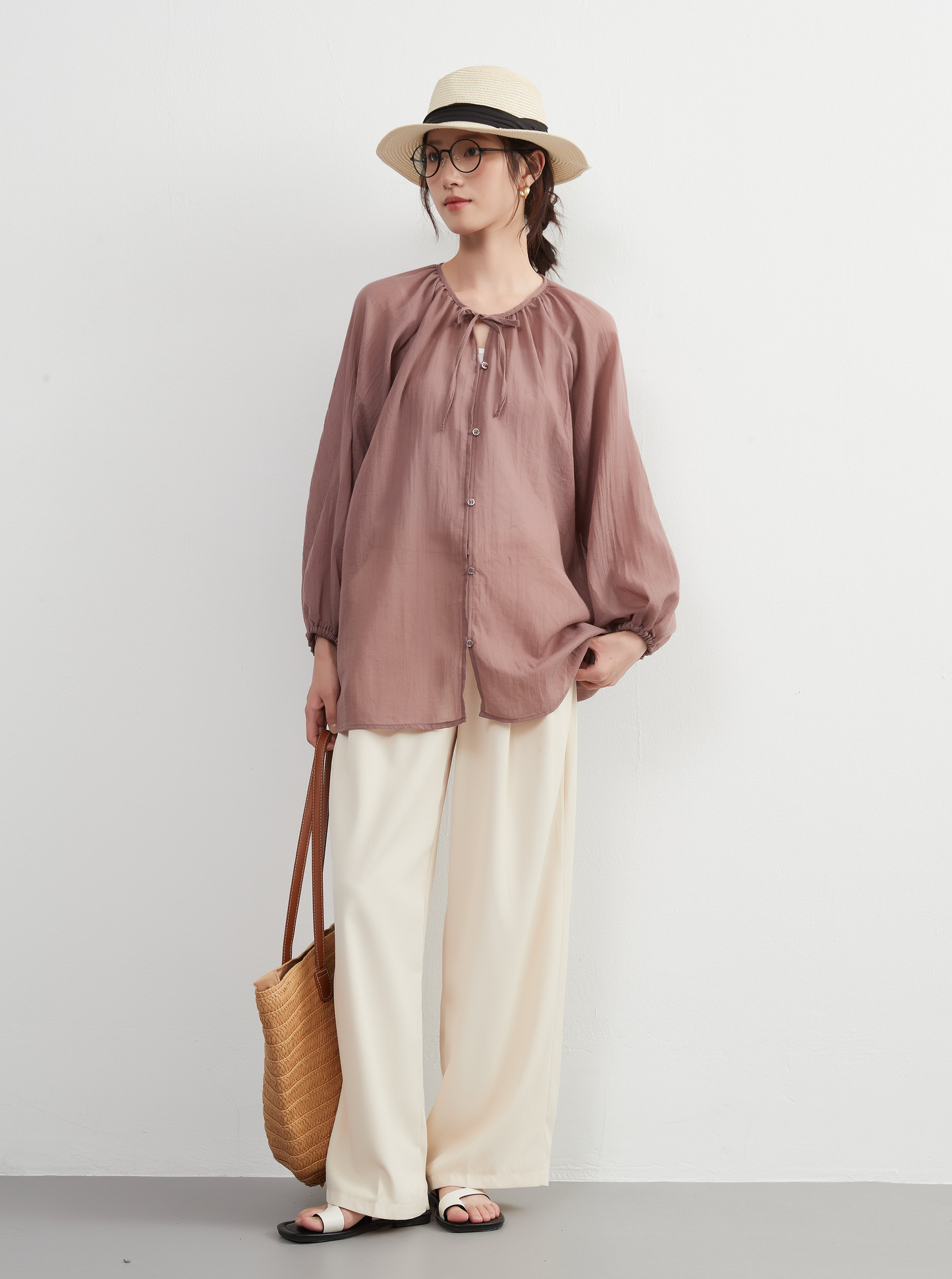 KNXT518 - Sheer cotton blend long sleeve gathered blouse, protection from the sun and air conditioning, lightweight cardigan in a pretty color