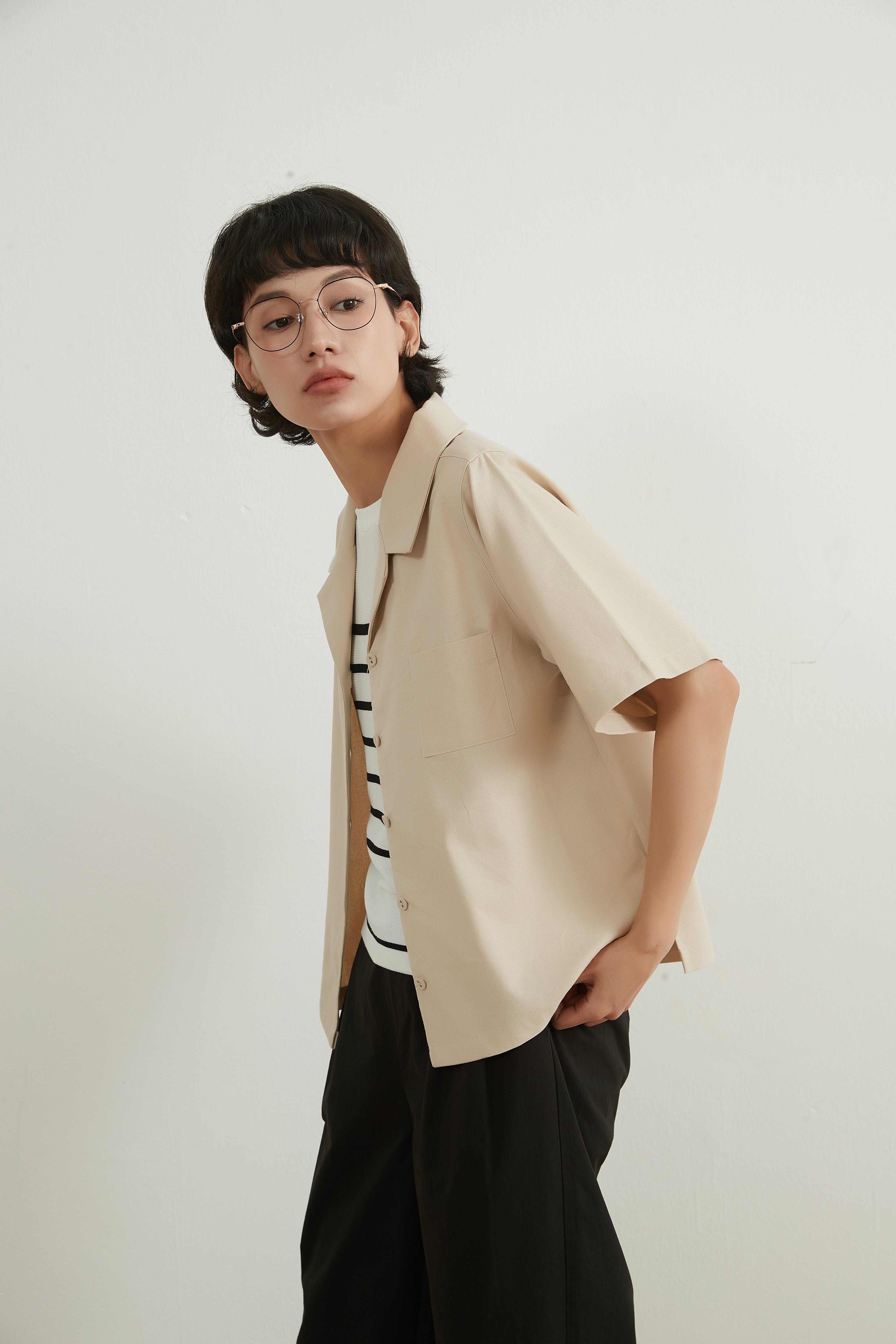 LINEN COTTON CAMP COLLAR SHIRT　リネンコットンキャンプカラー半袖ボタンシャツ