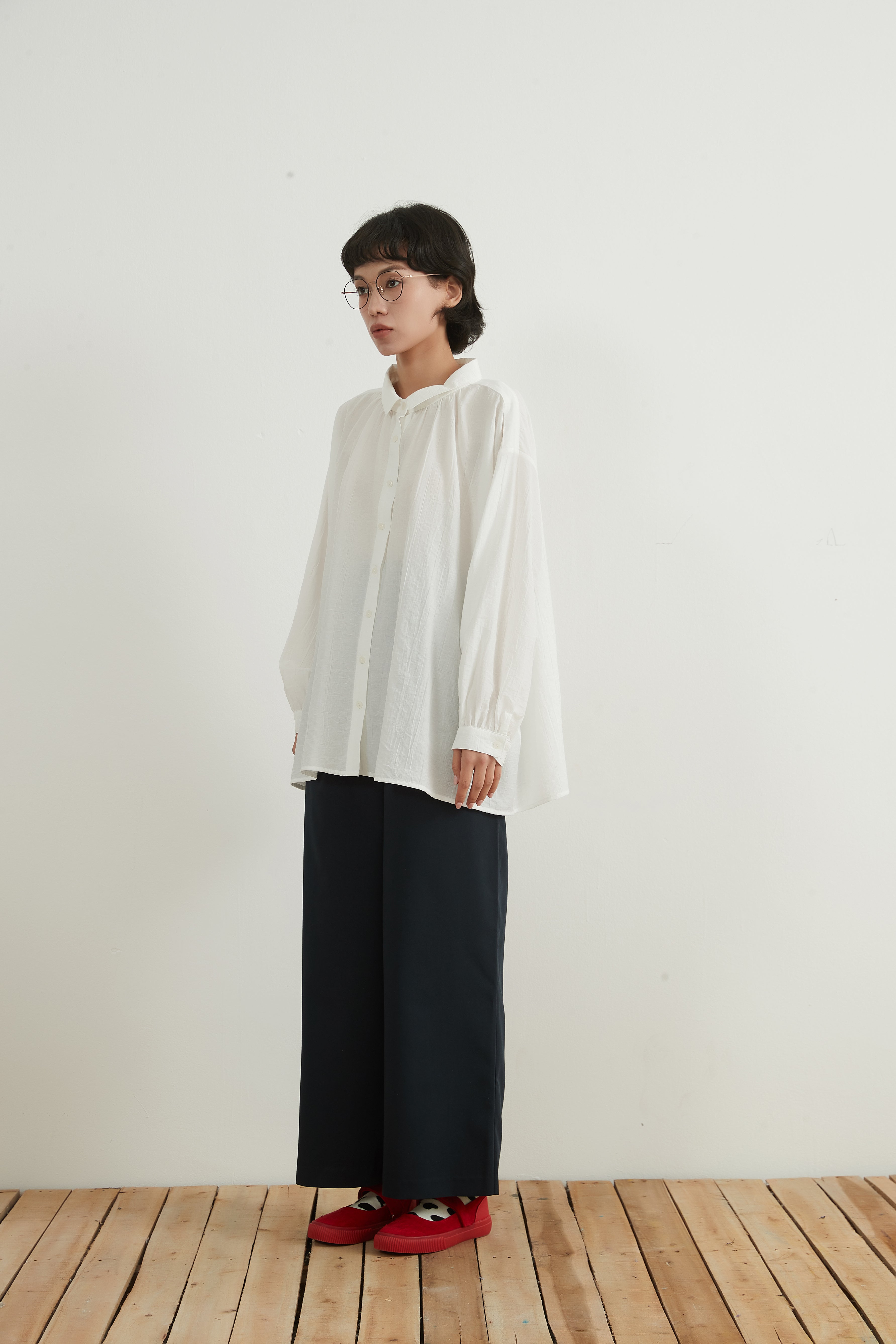 LONG SLEEVE WIDE BLOUSE 畝織り長袖ワイドブラウスゆったりサイズ