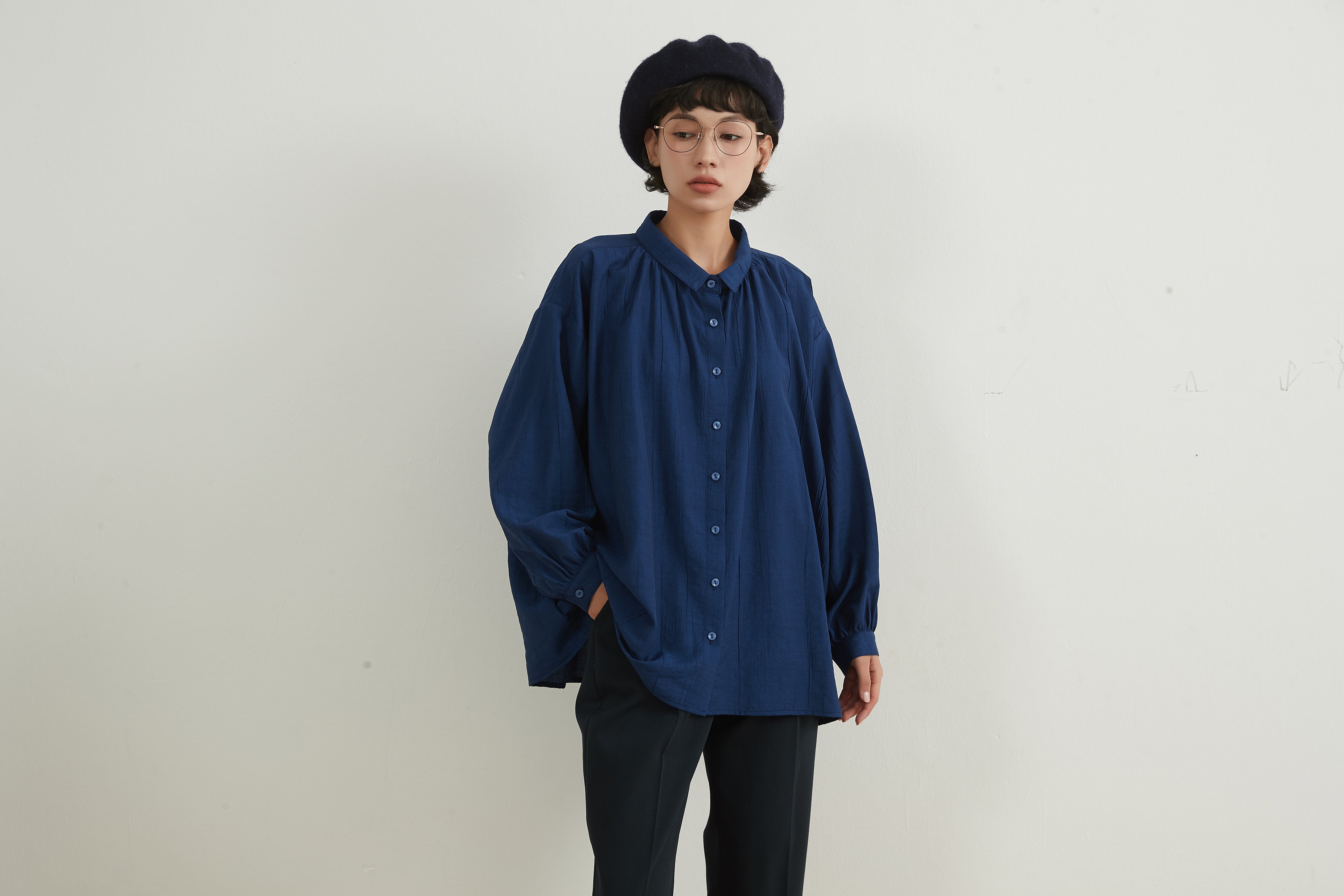 LONG SLEEVE WIDE BLOUSE 畝織り長袖ワイドブラウスゆったりサイズ