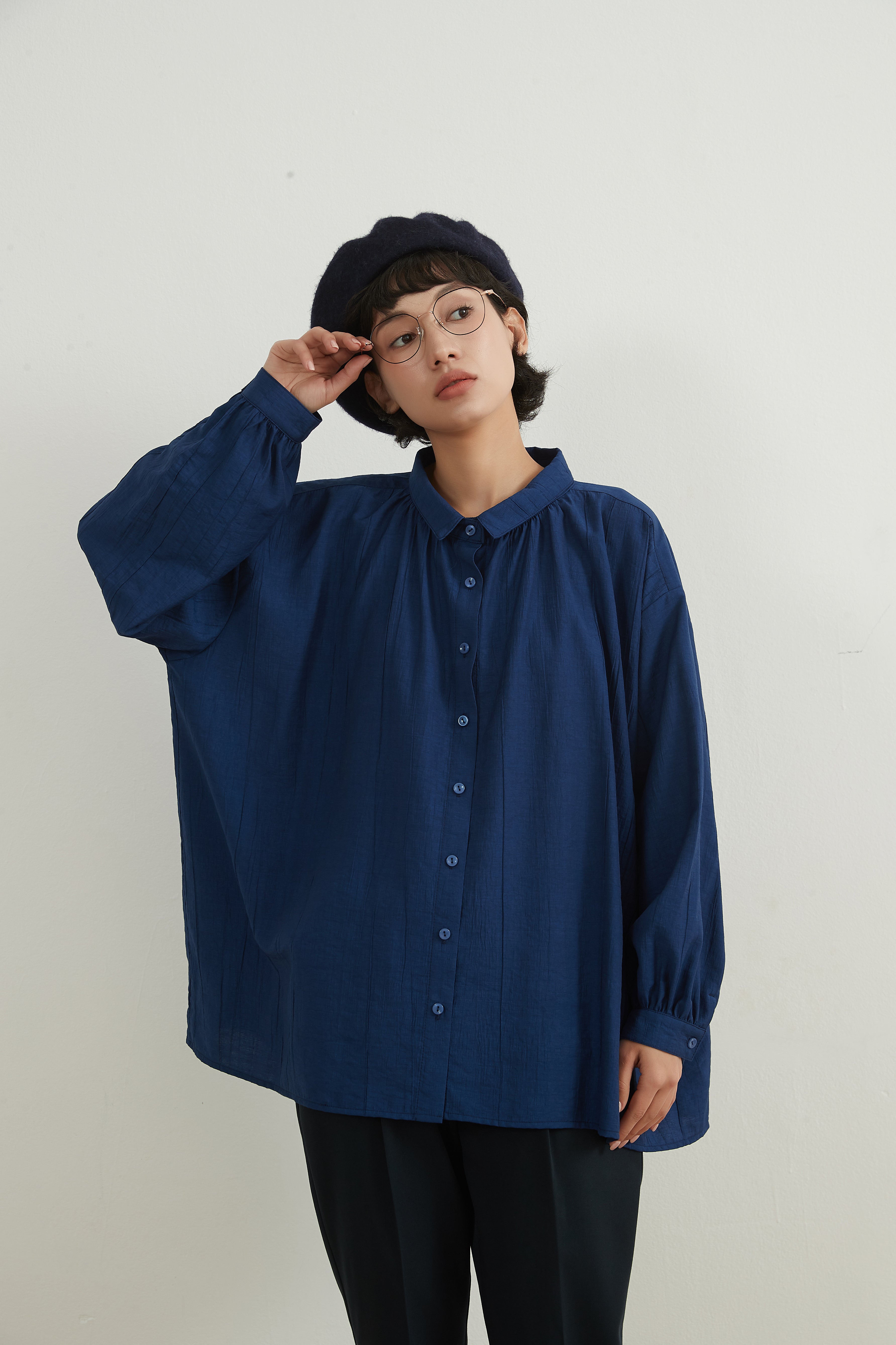 LONG SLEEVE WIDE BLOUSE 畝織り長袖ワイドブラウスゆったりサイズ