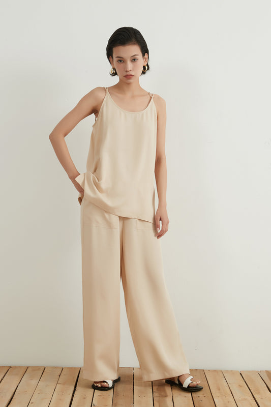 KNNP327・ ドレープ感レーヨン100％ウェストゴムワイドロング美脚パンツ