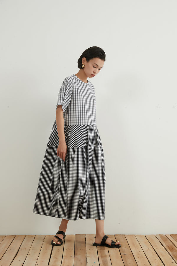 KNNO335・WOVEN CHECK PANEL DRESS　チェックパネルワンピース/ドレス