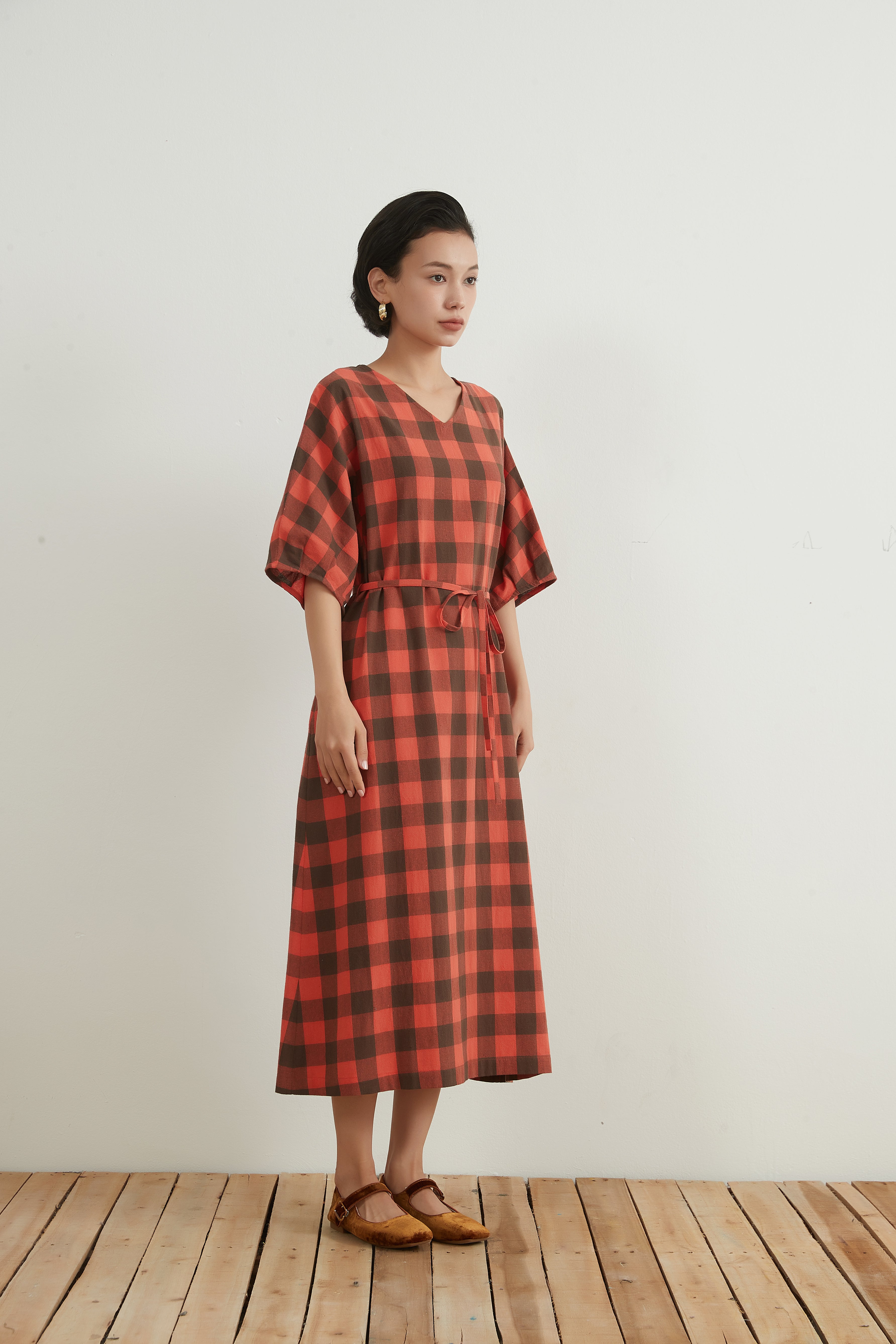 コットン100％Vネックチェックワンピースベルト付きCOTTON BICOLOR CHECK DRESS