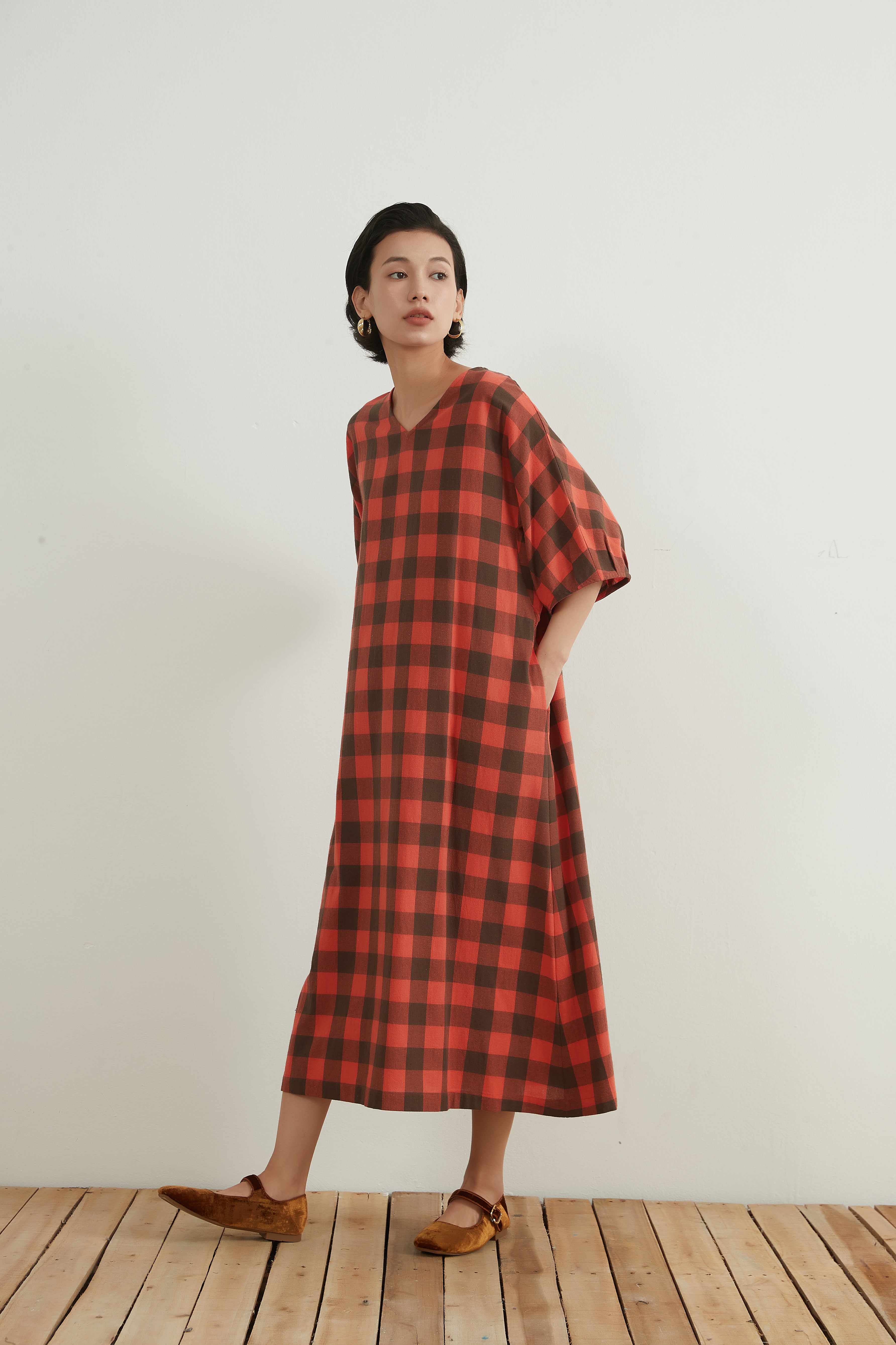 コットン100％Vネックチェックワンピースベルト付きCOTTON BICOLOR CHECK DRESS