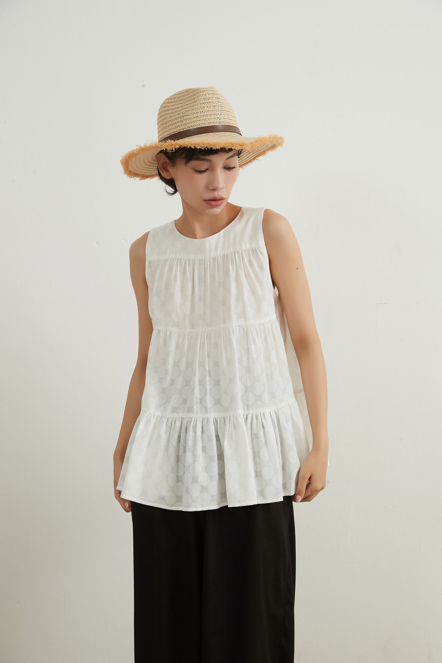 SHADOW DOTS COTTON TIERED TOP　コットンスリーブレスティアードトップ