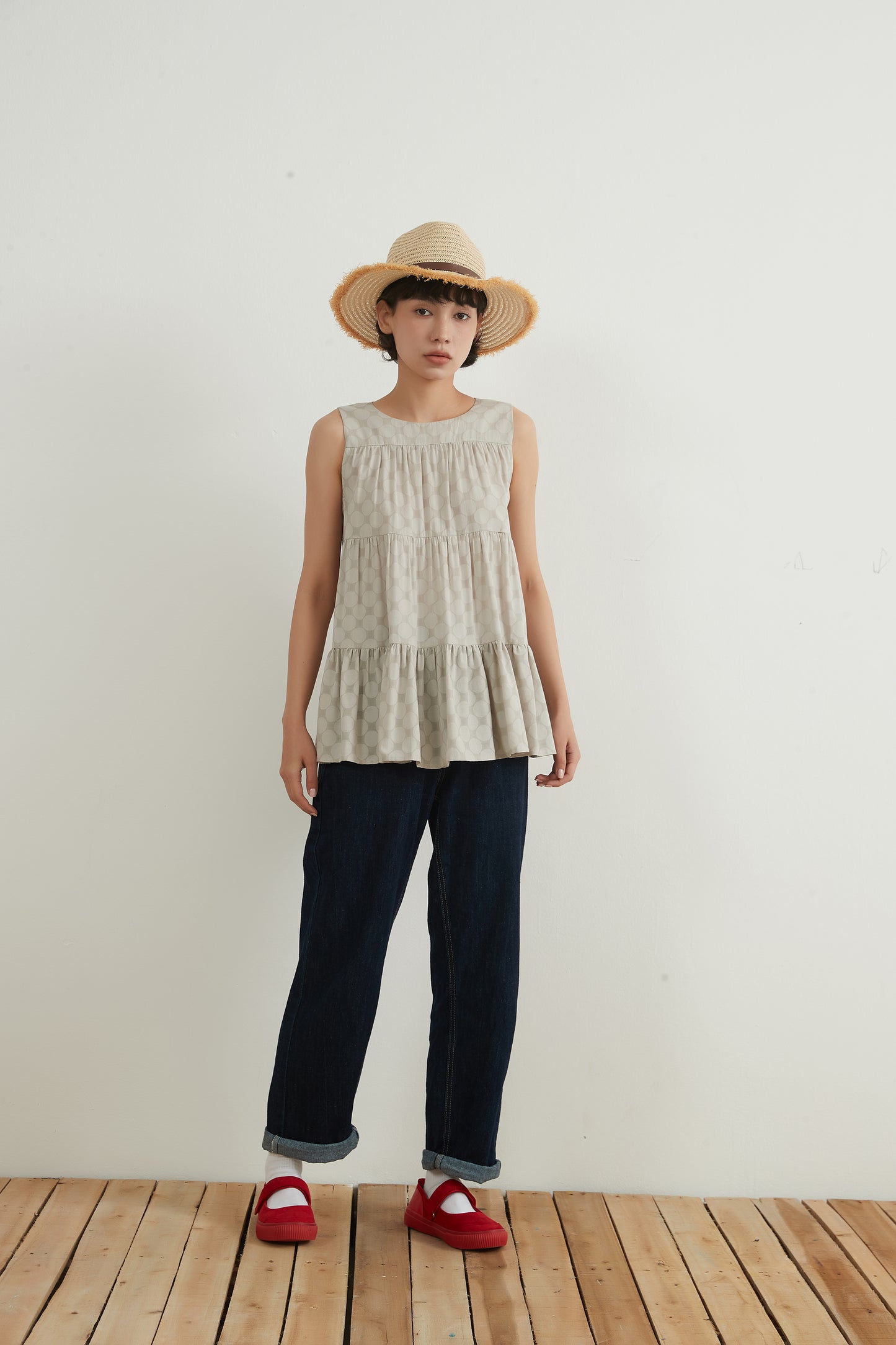 SHADOW DOTS COTTON TIERED TOP　コットンスリーブレスティアードトップ
